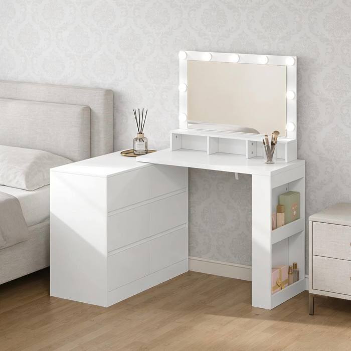 2 en 1 Table Multifonction avec 6 Grandes Tiroirs Bureau en L avec Miroir et Éclairage LED Ajustable