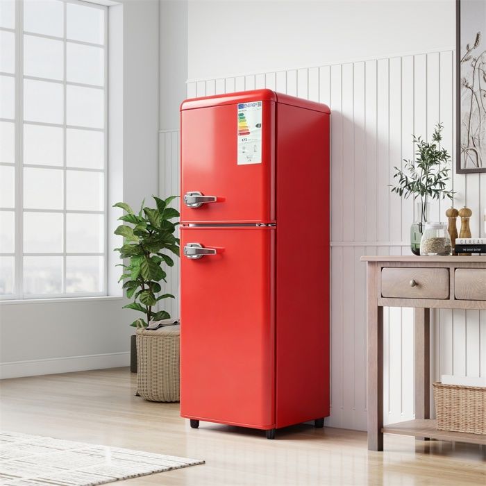 Réfrigérateur Double Porte 112L - 41x48.5x114.5cm - 72L Froid + 40L Congélateur Classe E Thermostat 7 Niveaux et LED - Rouge - Dreammespace