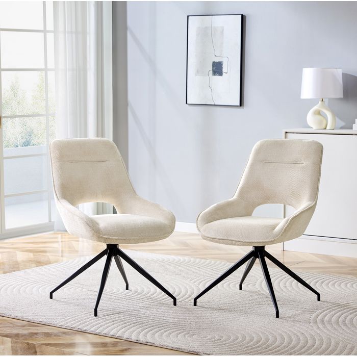 Lot de 2 chaises de salle a manger pivotantes 360° en tissu beige avec accoudoirs et pieds en metal noir