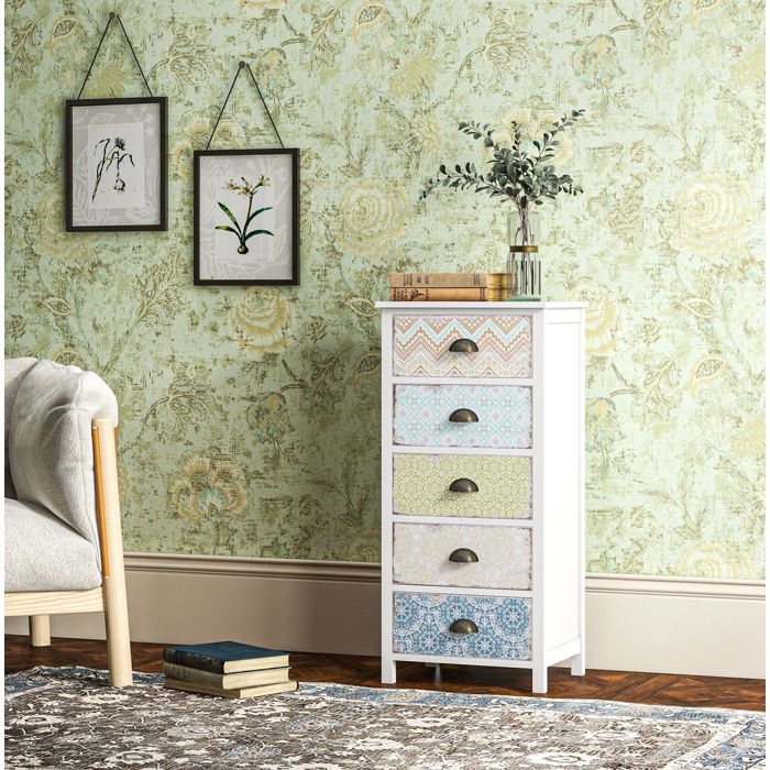 Commode shabby chic multicolore à 5 tiroirs en MDF 46 x 34 x 97 5 cm montage facile