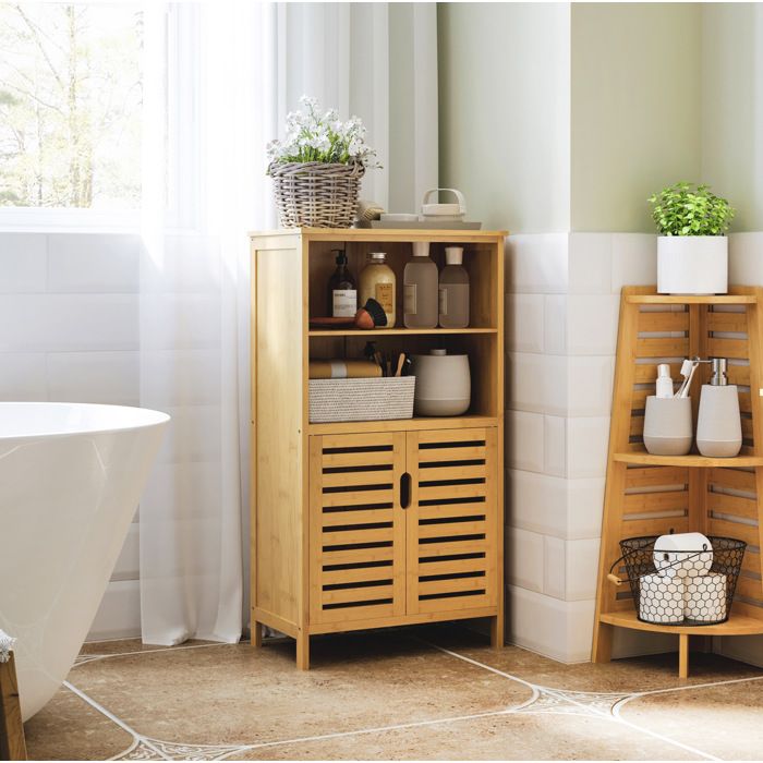 Colonne de salle de bain en bambou 50 x 29 x 92 cm rangement ouvert porte à lamelles pose au sol
