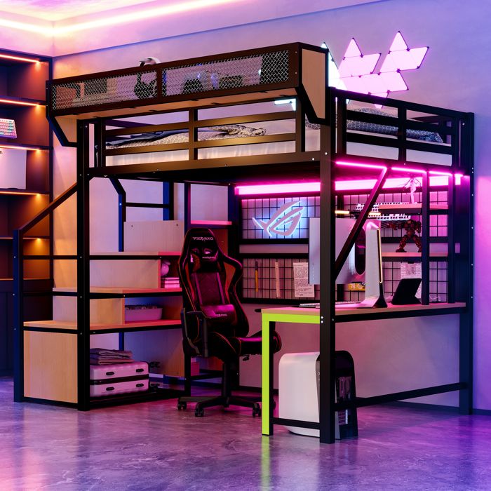 Lit mezzanine enfants en métal 140x200 cm avec bureau étagère lit dadolescent avec échelle de rangement LED et prise noir