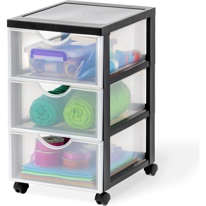 Tour de rangement à Roulettes en Plastique 3 Tiroirs Moyens Noir Ouverture Facile Meuble H46.7cm / 3 Tiroirs Noir