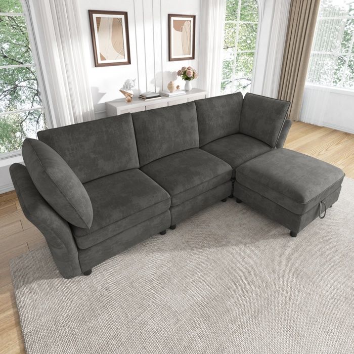 Canapé d’angle L modulable 4 places 225x137x84 cm pouf coffre mobile 2 coussins d’accoudoir ressorts ensachés chenille gris