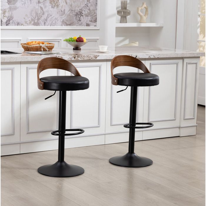 MEUBLIV Lot de 2 tabourets de bar pivotants 360° réglables en hauteur dossier aspect noyer assise PU noire