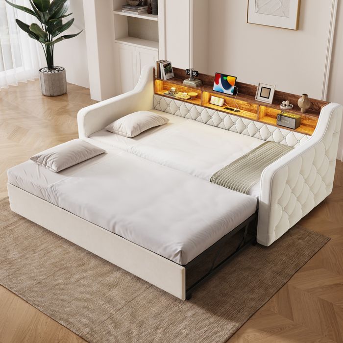 Canapé-lit escamotable 90 x 190 cm en velours beige tête de lit avec rangement LED USB et Type-C
