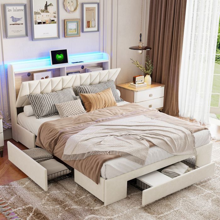 Lit 140x200 cm - LED musicale et Type-C - 3 tiroirs - lit avec rangement - sommier inclus - velours beige