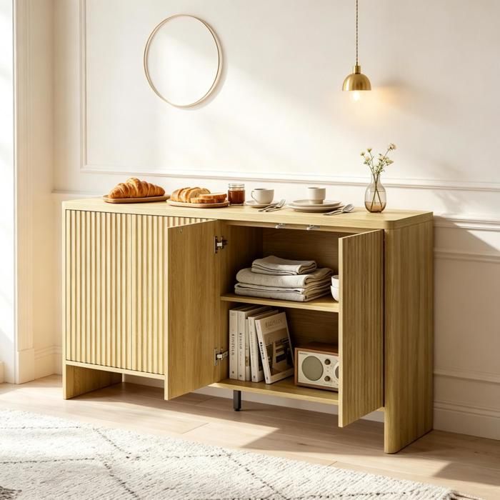 Buffet moderne - Chêne - MDF - 147x40x77 cm - Surface robuste 3 cm - Système push-to-open - Étagères réglables