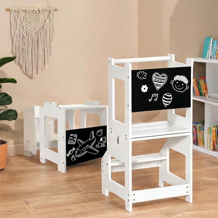 Tour dapprentissage enfant 3 en 1 en MDF blanc avec tableau noir tabouret et - Blanc MDF 16.54 x 17.32 x 33.86 cm Ref JG3YVL
