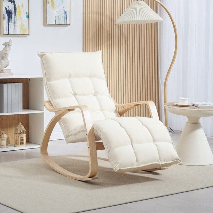 Fauteuil Bascule Blanc Crème 106x67x92-Dossier Inclinable-Repose-pieds-Lin-Salon/Balcon-Confort-Détente-Design Élégant-Doux Fauteuil Bascule Blanc Crème 106x67x92-Dossier Inclinable-Repose-pieds-Lin-Salon/Balcon-Confort-Détente-Design Élégant-Doux