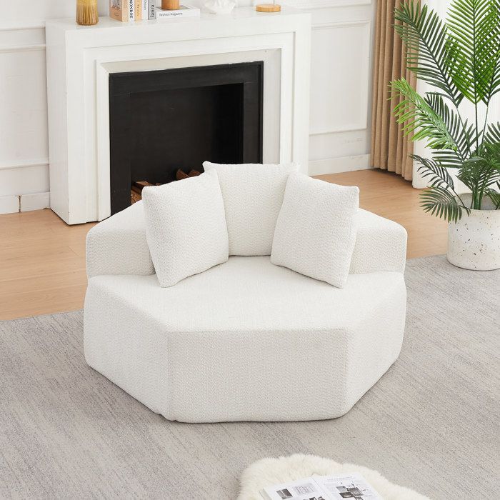WOVREO Fauteuil modulaire hexagonal 1 place lounge en chenille bouclée beige avec 3 coussins