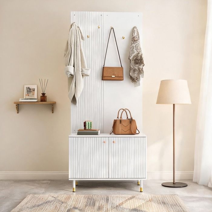 Meuble combiné d’entrée blanc cassé avec penderie meuble à chaussures et étagère en panneaux de particules et MDF