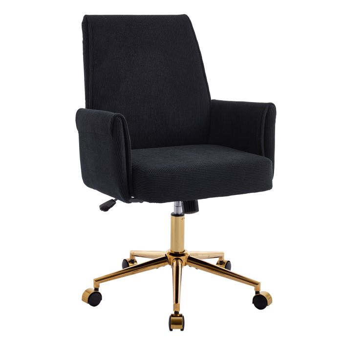 Chaise de bureau pivotante réglable en hauteur – dossier mi-haut – tissu corduroy noir – base dorée en métal