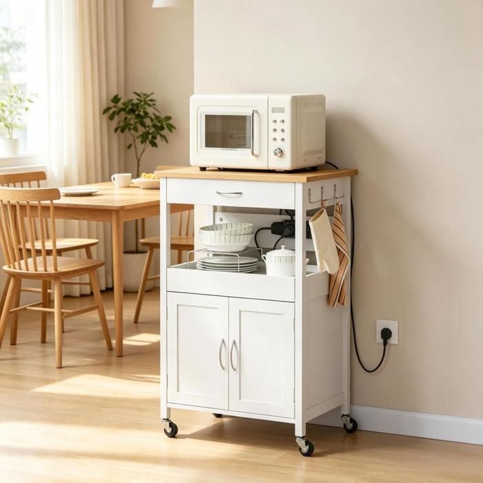 Effet bambou et blanc desserte de cuisine à roulettes avec 2 prises tiroir et placard pour petits espaces