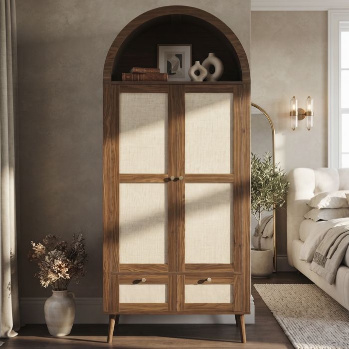 Armoire en Rotin avec 2 Tiroirs-Garde-Robe et Étagères-Dressing Rangement Placard-Bohème Bois Naturel-Casier Semi-Circulaire