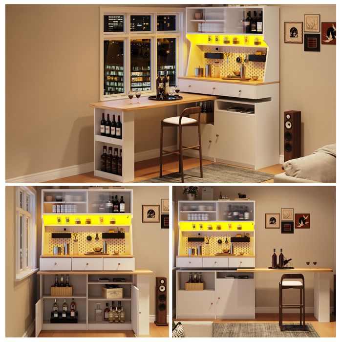 Armoire haute 137x45x178 cm avec bureau intégré éclairage LED par application et portes coulissantes en verre Blanc