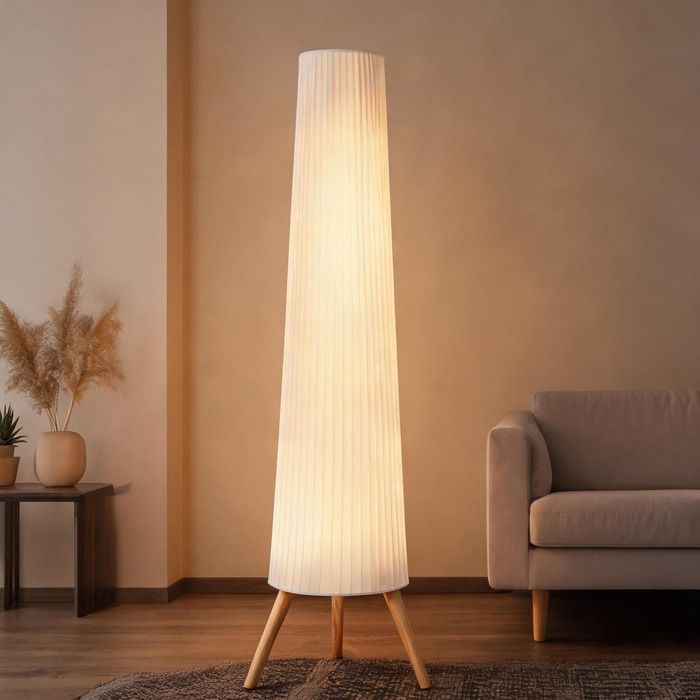 Lampadaire à trépied en bois et tissu avec variateur 3 niveaux interrupteur au pied 46x46x153 cm