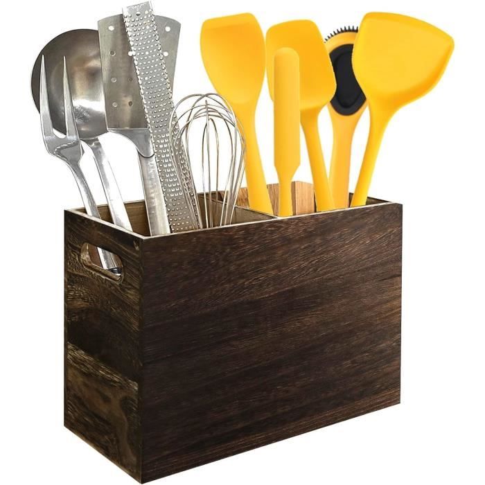 Porte-ustensiles De Cuisine En Bois - 3 Compartiments, Style Ferme Rustique - Pour Comptoir (noir) - 6