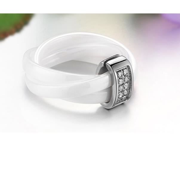 Bague De Femme Céramique Blanche Et Acier Inoxydable – Taille 62 (USA 10) – Zircon