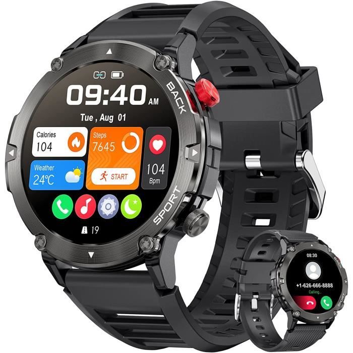 Montre Connectée Militaire Bluetooth 1.39" - 110+ Modes Sport, étanche IP68, Appels, Cardio - Pour Android/iOS (Noir)