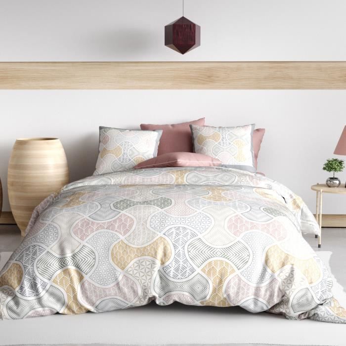 Parure De Lit 100% Coton 57 Fils - Housse De Couette 240x260 Cm + 2 Taies - Motif Géométrique Safran, Certifiée Oeko-Tex - 7