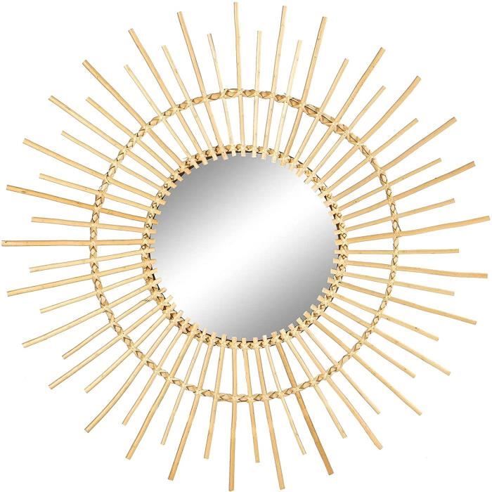 Grand Miroir Rond Mural - Cadre En Bois Avec Incrustations D'os - Diamètre 91.5 Cm, Fini Brillant