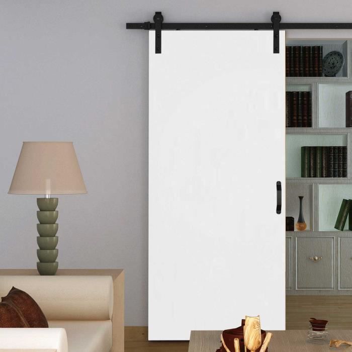 Porte Intérieure Coulissante 90 X 206 Cm Bois Blanc Rail Apparent Noir Inova