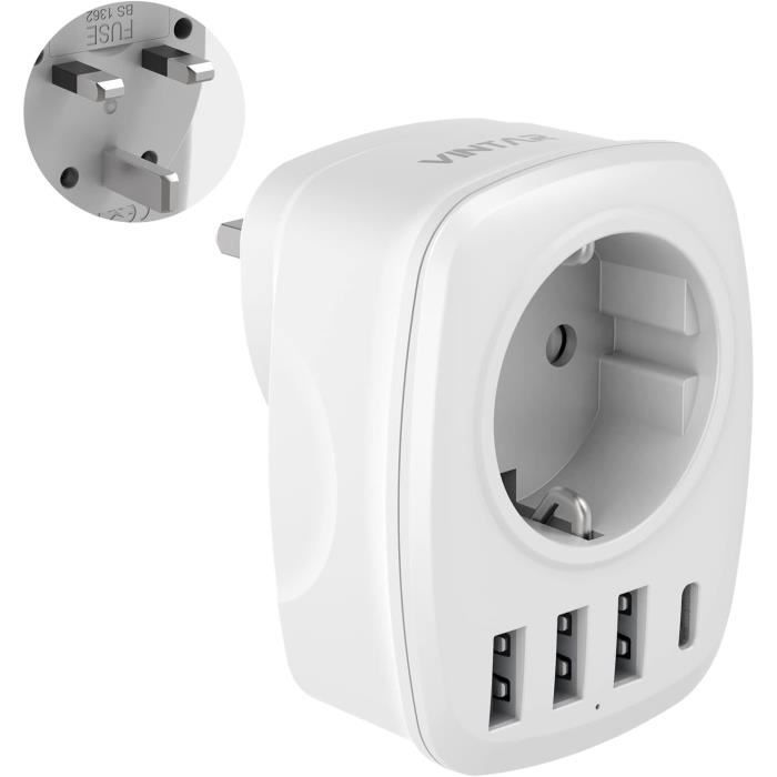 Adaptateur De Prise UK Vers Europe - Type G à C/E/F - Pour Voyage Allemagne, France, Espagne, Italie...