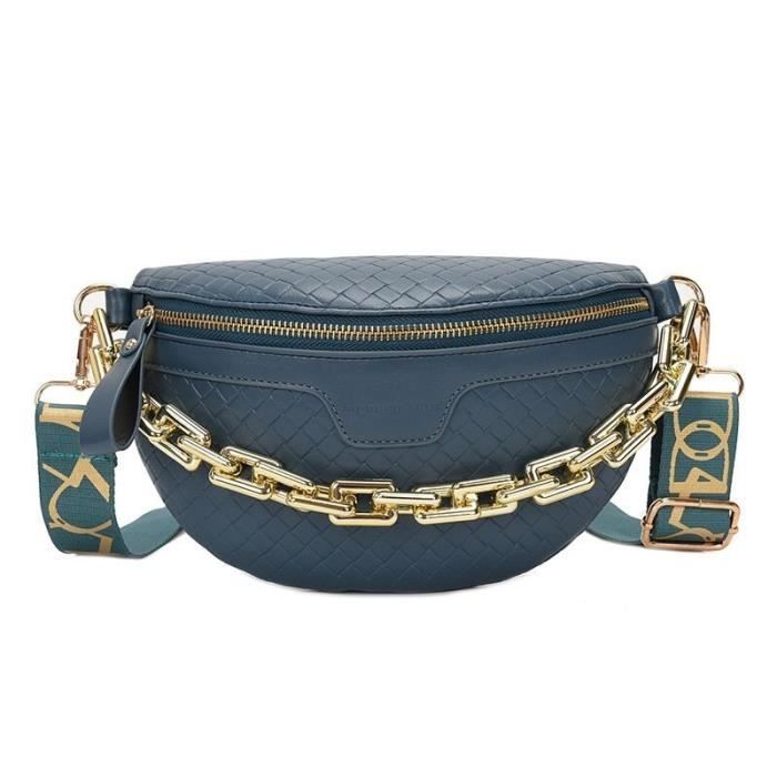 Sac banane bleu - Sac banane ?� carreaux en cuir PU pour femmes, avec cha?�ne ?�paisse, ?� 
