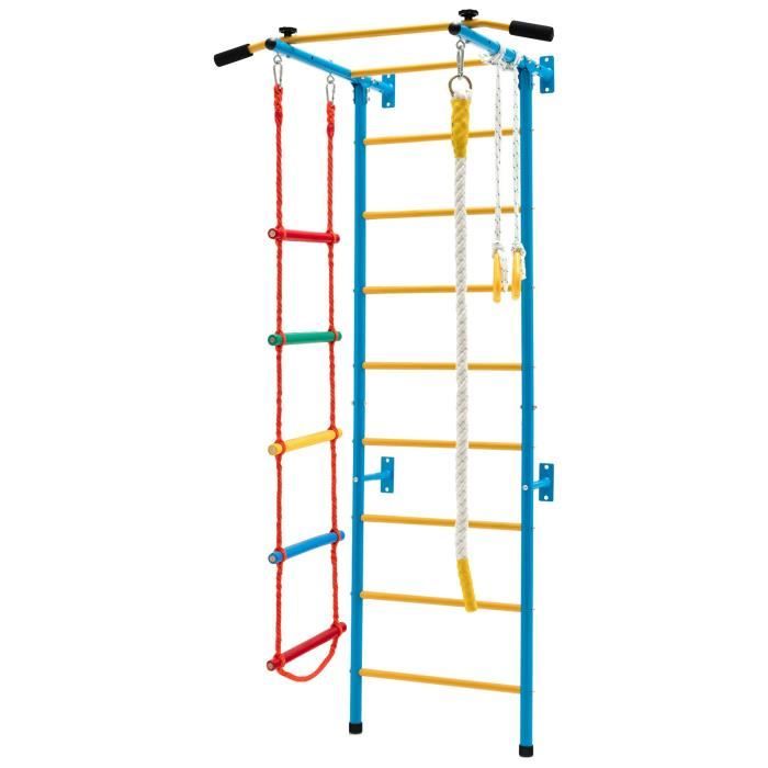 COSTWAY  Espalier de Gymnastique Enfants Mur Escalade avec Barre de Traction Anneaux de Gym. - &Eacute;chelle en Tricot - Trap&egrave;ze Jaune 