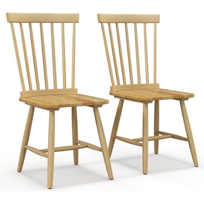 costway lot 2 chaises de salle à manger windsor sans accoudoirs avec dossier ergonomique en broche, hauteur du siège 46cm, naturel