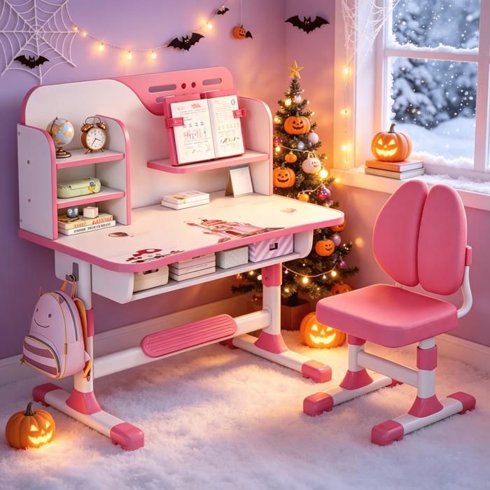 Ensemble bureau et chaise pour enfants avec tiroir et étagère - Rose Ensemble bureau et chaise pour enfants avec tiroir et étagère - Rose