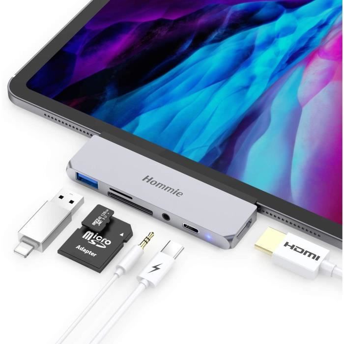Hub USB C 6 en 1 Adaptateur Type-C avec Thunderbolt 3, HDMI 4K, Prise Casque 3.5mm, USB 3.0, Slot Carte SD-TF pour iPad Pro,