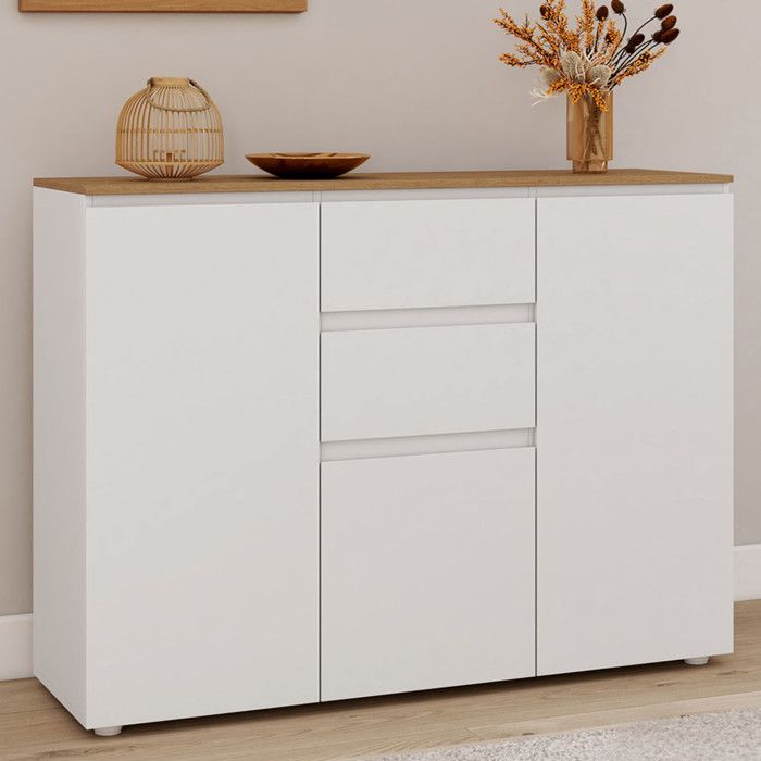 ID MARKET buffet TOBY 3 portes et 2 tiroirs 100 cm Moderne bois et blanc