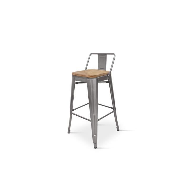 chaise de bar style industriel kosmi - dossier en métal brut et assise en bois clair - hauteur assise 76 cm