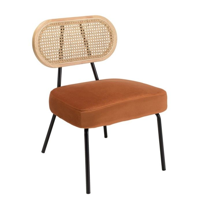 MACABANE AGATHE - Fauteuil métal noir assise velours orange ambré dossier rotin AGATHE MACABANE AGATHE - Fauteuil métal noir assise velours orange ambré dossier rotin AGATHE