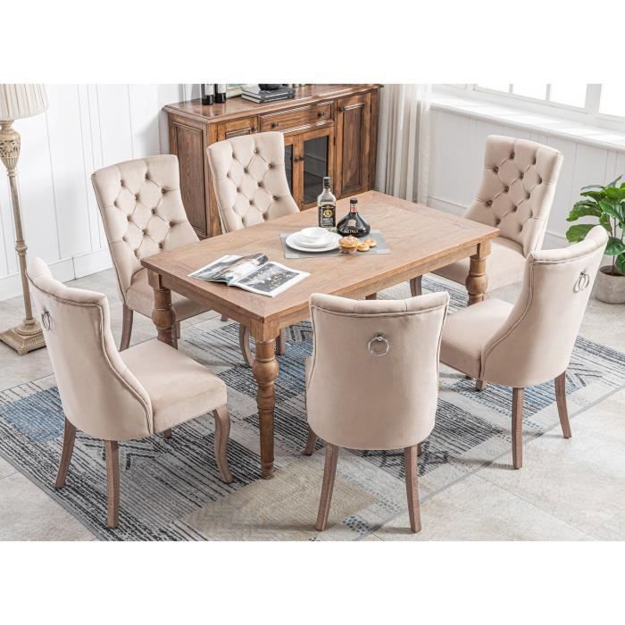 lot de 6 chaise capitonnée en velours beige - style classique & design - pieds en bois massif - salle à manger, salon ou coiffeuse