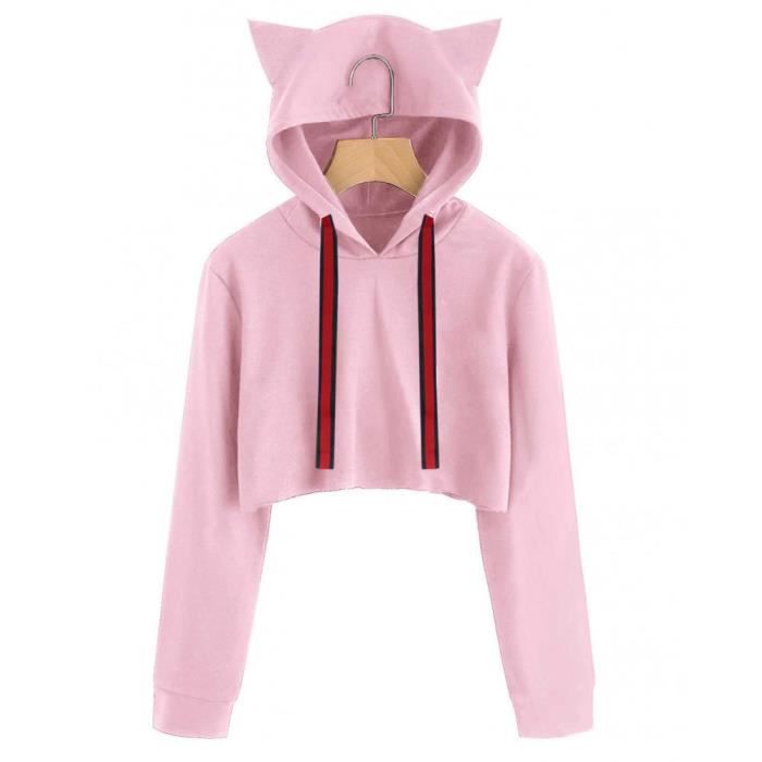 Femme Chat A Manches Longues Sweat A Capuche Pull Avec Capuche Court Tops Chemisier Rose Rose Achat Vente Sweatshirt Cdiscount