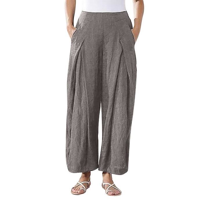 Pantalon Tailleur Femme à Jambe Large - Taille Haute, Coupe Droite Longue - En Polyester, Avec Poches - Pour Travail, Sortie Décontractée