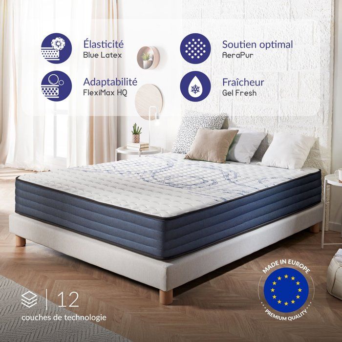 Matelas Dream Komfort 140x190 cm - épaisseur 26 cm - Technologie Blue Latex et mousse HR à mémoire de forme - Réversible - 7 zones - Matelas Dream Komfort 140x190 cm - épaisseur 26 cm - Technologie Blue Latex et mousse HR à mémoire de forme - Réversible - 7 zones -