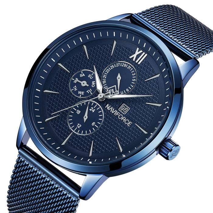 NAVIFORCE marque hommes montres 24 heures mains lumineuses mode sport  maille bande montre à Quartz , - Achat/vente montre Bleu - Cdiscount