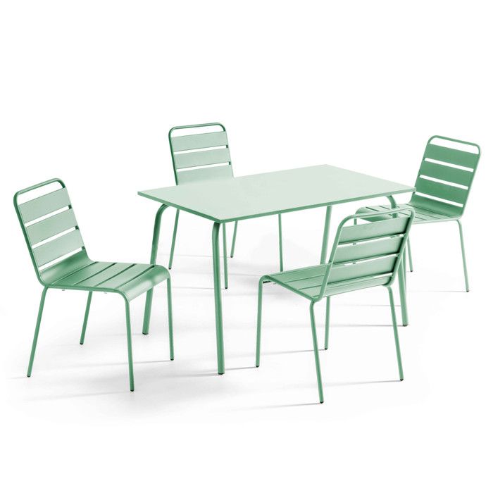 Ensemble table de jardin en métal et 4 chaises vert sauge Palavas Oviala