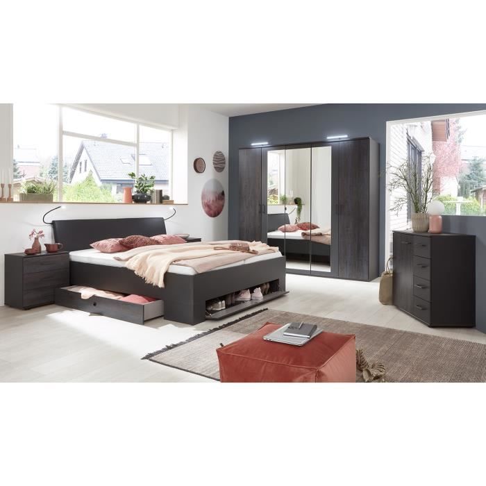 Chambre à coucher complète adulte Dallas (lit 180x200 cm King Size + 2 chevets + armoire), coloris gris foncé