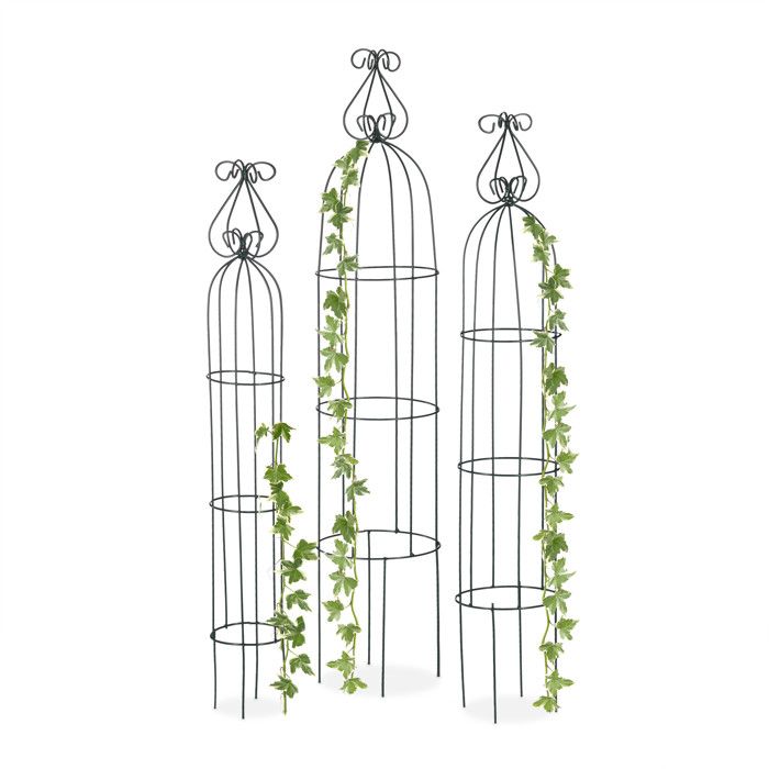 Relaxdays Obélisque de jardin, Colonne rosier, Arche plante grimpante, set de 3 métal Cage rose, Arceau, vert foncé