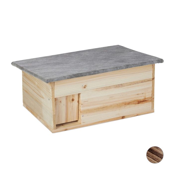 Relaxdays Maison hérisson kit à monter fond trappe anti-rats et entrée labyrinthe bois HxLxP:21x46x34 cm naturel