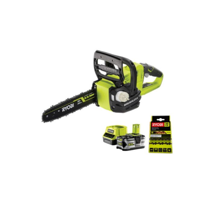 Pack RYOBI Tronçonneuse 18V One+ OCS1830 1 batterie 5.0Ah 1 chargeur 2.0Ah RC18120 150 chaine 30cm RAC227