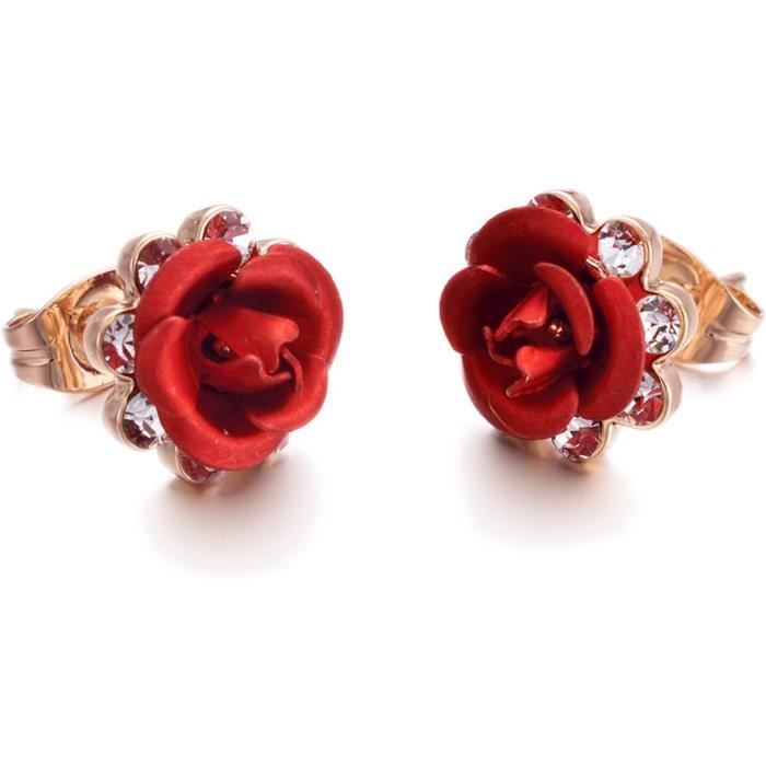 Rouge Bleu Fleur Clou Boucles D'Oreilles Femme Plaqué Or Cœur Puce ...
