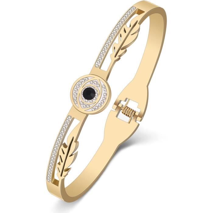 Bracelet Femme Acier Inox Plaqué Or 18 Carats - Imperméable, Sans Ternissement, 5 Zirconiums, Longueur 19 Cm