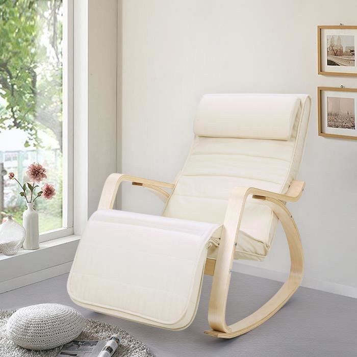 songmics fauteuil à bascule, avec repose-pied réglable sur 5 hauteurs, housse en coton, capacité de charge 150 kg, beige
