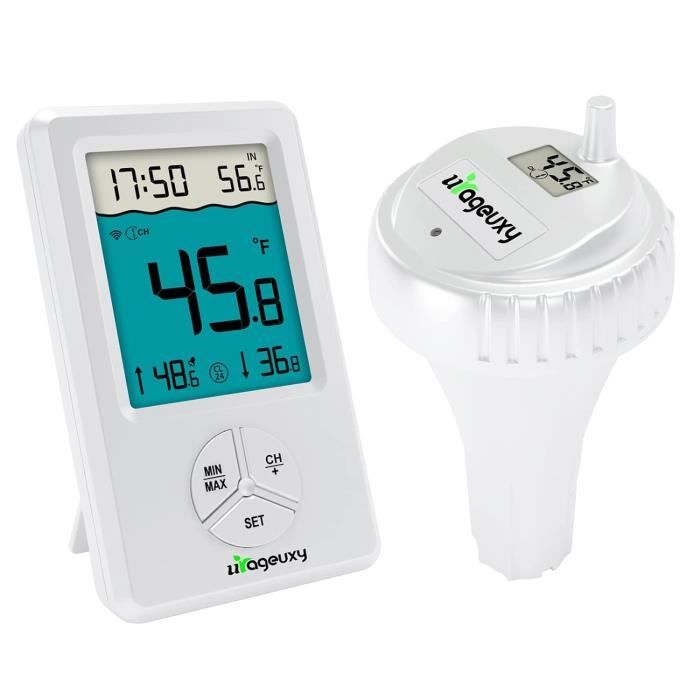 Urageuxy Thermomètre Piscine Sans Fil - Sonde Flottante - Console Intérieure - LCD 2,6" - Étanche